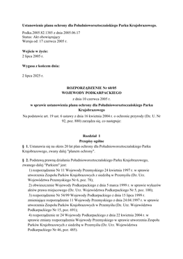 Ustanowienie Planu Ochrony Dla Południoworoztoczańskiego Parku Krajobrazowego. Podka.2005.82.1385 Z Dnia 2005.06.17 Status