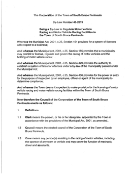 The Corporation of the Town of South Bruce Peninsula By-Law Number