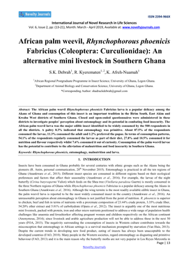 African Palm Weevil, Rhynchophorous Phoenicis Fabricius (Coleoptera: Curculionidae): an Alternative Mini Livestock in Southern Ghana