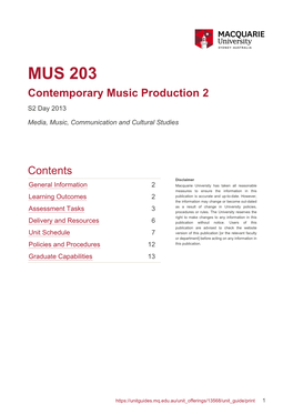 MUS 203 Contemporary Music Production 2 S2 Day 2013