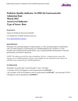 (PDI 16) Gastroenteritis Admission Rate March 2021 Area-Level Indicator Type of Score: Rate