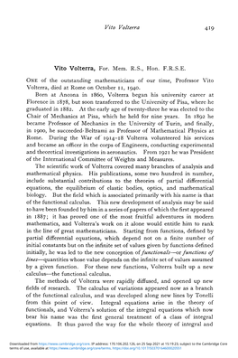 Vito Volterra 419 Vito Volterra, For. Mem. R.S., Hon. F.R.S.E. ONE of the Outstanding Mathematicians of Our Time, Professor Vito