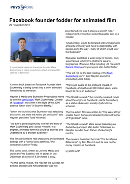 Facebook Founder Fodder for Animated Film 20 November 2010