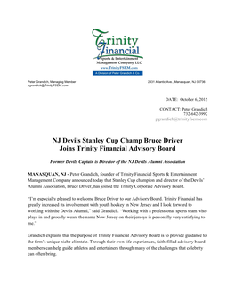 NJ Devils Stanley Cup Champ Bruce Driver Joins Trinity Financial Advisory Board