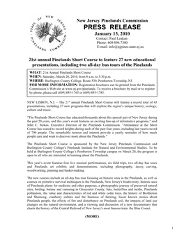 PRESS RELEASE January 13, 2010 Contact: Paul Leakan Phone: 609.894.7300 E-Mail: Info@Njpines.State.Nj.Us