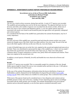 Invertebrate Survey of Site at Weavers Hill, Staffordshire Undertaken by Richard Wright on Behalf of Apex Ecology June and July 2008