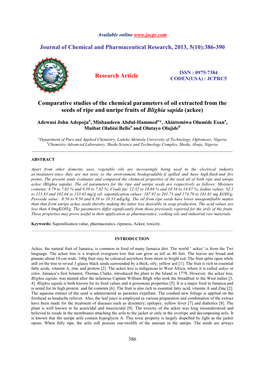 Comparative Studies of the Chemical Parameters of Oil Extracted from the Seeds of Ripe and Unripe Fruits of Blighia Sapida (Ackee)