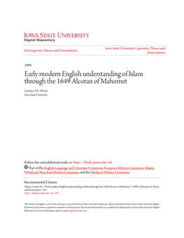 Early Modern English Understanding of Islam Through the 1649 Alcoran of Mahomet Lemiya M