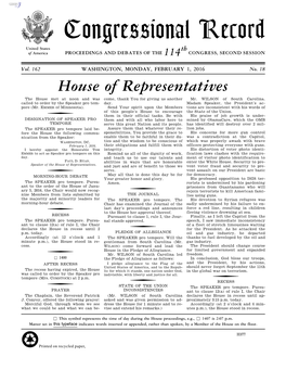 Congressional Record United States Th of America PROCEEDINGS and DEBATES of the 114 CONGRESS, SECOND SESSION