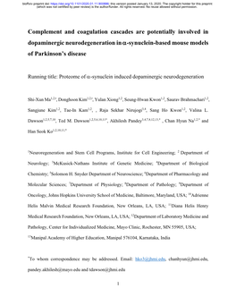 Complement and Coagulation Cascades Are Potentially Involved in Dopaminergic Neurodegeneration in -Synuclein-Based Mouse Models of Parkinson’S Disease