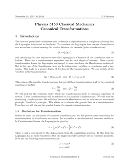 Physics 5153 Classical Mechanics Canonical Transformations