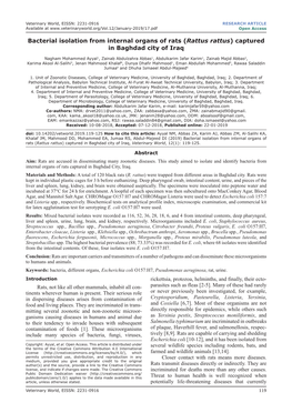 Bacterial Isolation from Internal Organs of Rats (Rattus Rattus) Captured in Baghdad City of Iraq