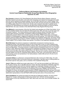 California Marine Life Protection Act Initiative Central Coast Regional Stakeholder Group Panel Member Short Biographies September 28, 2005