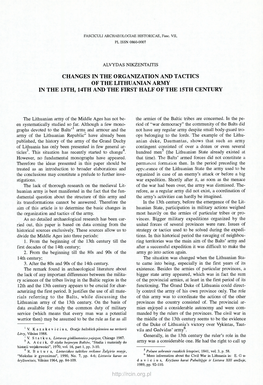 Changes in the Organization and Tactics of the Lithuanian Army in the 13Th, 14Th and the First Half of the I5th Century