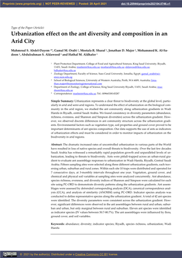 Urbanization Effect on the Ant Diversity and Composition in an Arid City
