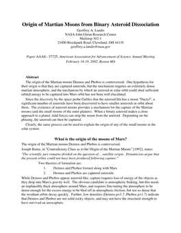 Origin of Martian Moons from Binary Asteroid Dissociation Geoffrey A