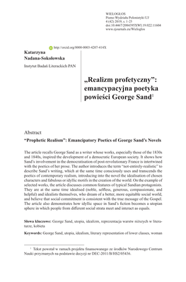 „Realizm Profetyczny”: Emancypacyjna Poetyka Powieści George Sand1