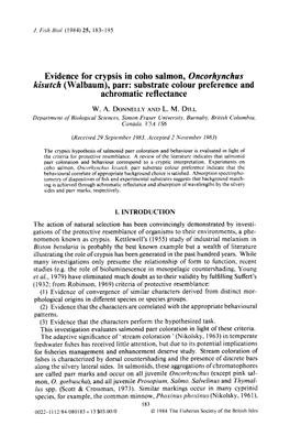 Evidence for Crypsis in Coho Salmon, Oncorhynchus Kisutch (Walbaum), Parr: Substrate Colour Preference and Achromatic Reflectance