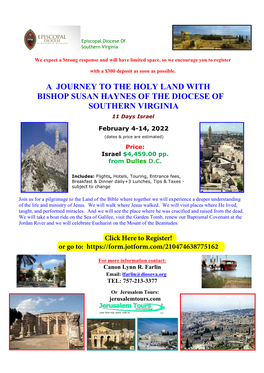 A JOURNEY to the HOLY LAND with BISHOP SUSAN HAYNES of the DIOCESE of SOUTHERN VIRGINIA 11 Days Israel
