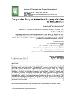 Comparative Study of Antioxidant Property of Coffee and Its Additives