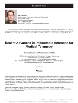 Recent Advances in Implantable Antennas for Medical