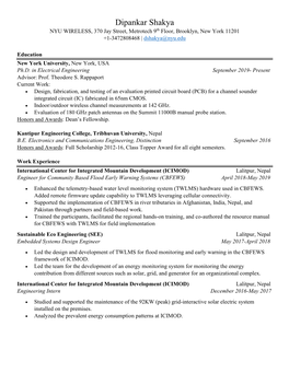 Dipankar Shakya NYU WIRELESS, 370 Jay Street, Metrotech 9Th Floor, Brooklyn, New York 11201 +1-3472808468 | Dshakya@Nyu.Edu