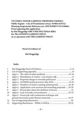 VICTORIA TOWER GARDENS: PROPOSED UKHMLC Public Inquiry - City of Westminster Ref No: 19/00114/FULL Planning Inspectorate Reference No: APP/X5990/V/19/3240661