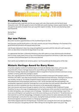 President's Note Our New Patron Historic Heritage Award for Barry