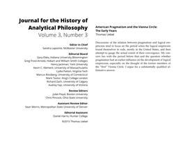 Journal for the History of Analytical Philosophy Volume 3, Number 3