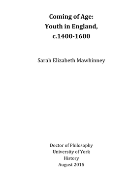 Coming of Age: Youth in England, C.1400-‐1600