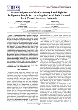 Acknowledgement of the Customary Land Right for Indigenous People Surrounding the Lore Lindu National Park Central Sulawesi, Indonesia