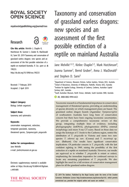 Taxonomy and Conservation of Grassland Earless Dragons: Royalsocietypublishing.Org/Journal/Rsos New Species and an Assessment of the First Research