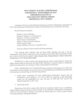 New Jersey Racing Commission Wednesday, September 18, 2019 Freehold Raceway Renaissance Dining Room Freehold, New Jersey