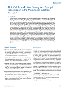 Hair Cell Transduction, Tuning, and Synaptic Transmission in the Mammalian Cochlea