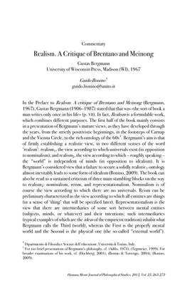 Realism. a Critique of Brentano and Meinong Gustav Bergmann University of Wisconsin Press, Madison (WI), 1967