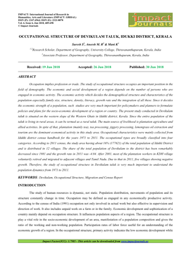 Occupational Structure of Devikulam Taluk, Idukki District, Kerala