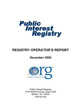 Registry Operator's Report