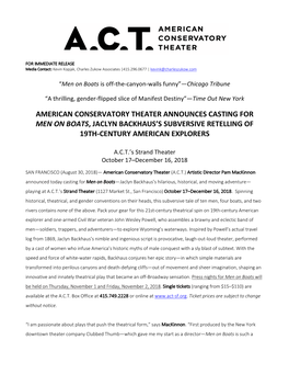 American Conservatory Theater Announces Casting for Men on Boats, Jaclyn Backhaus’S Subversive Retelling of 19Th-Century American Explorers