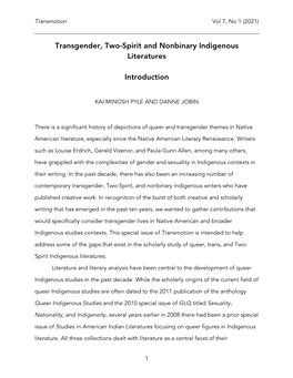 Transgender, Two-Spirit and Nonbinary Indigenous Literatures