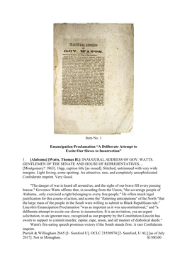 Item No. 1 Emancipation Proclamation “A Deliberate Attempt to Excite Our