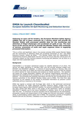 EMSA to Launch Cleanseanet European Satellite Oil Spill Monitoring and Detection Service