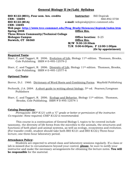 General Biology II (W/Lab) Syllabus