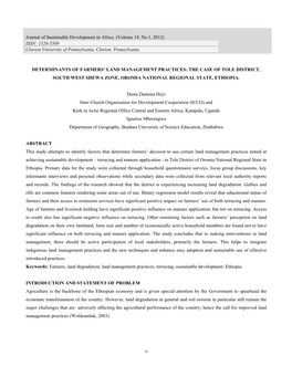 Determinants of Farmers' Land Management Practice:: the Case of Tole District, South West Shewa Zone, Oromia
