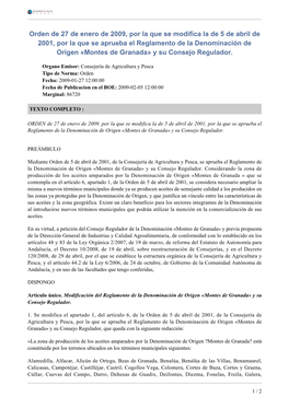 Orden De 27 De Enero De 2009, Por La Que Se Modifica La De 5 De Abril De 2001, Por La Que Se Aprueba El Reglamento De La Denomin