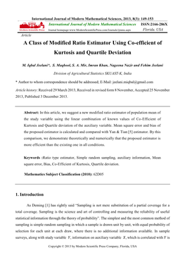 A Class of Modified Ratio Estimator Using Co-Efficient of Kurtosis and Quartile Deviation