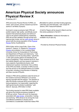 American Physical Society Announces Physical Review X 19 January 2011