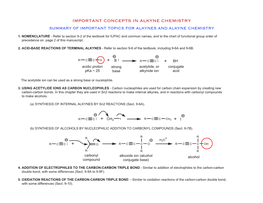 Important Concepts in Alkyne Chemistry Summary of Important Topics for Alkynes and Alkyne Chemistry