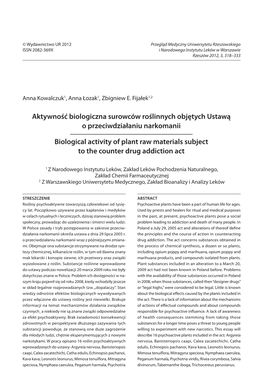 Aktywność Biologiczna Surowców Roślinnych Objętych Ustawą O Przeciwdziałaniu Narkomanii