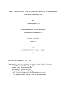 Hmong Livelihood Strategies: Factors Affecting Hunting, Agriculture, and Non-Timber Forest