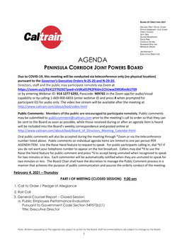 Agenda Peninsula Corridor Joint Powers Board